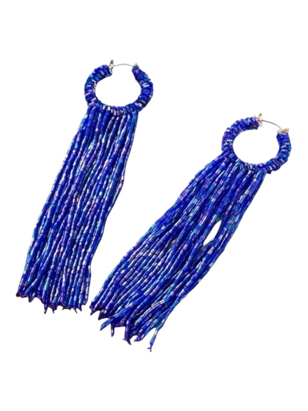 Blue Beaded Long Tassel Earrings